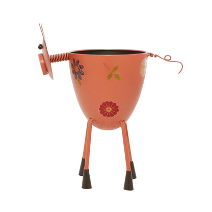 Pink Metal Pig Indoor Outdoor Planter with Floral Accents, 8" X 14" X 16"