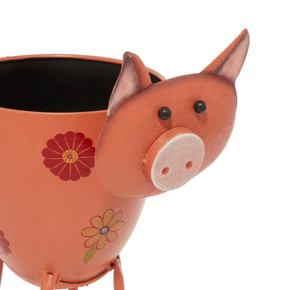 Pink Metal Pig Indoor Outdoor Planter with Floral Accents, 8" X 14" X 16"