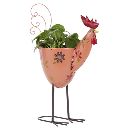 Pink Metal Pig Indoor Outdoor Planter with Floral Accents, 8" X 14" X 16"