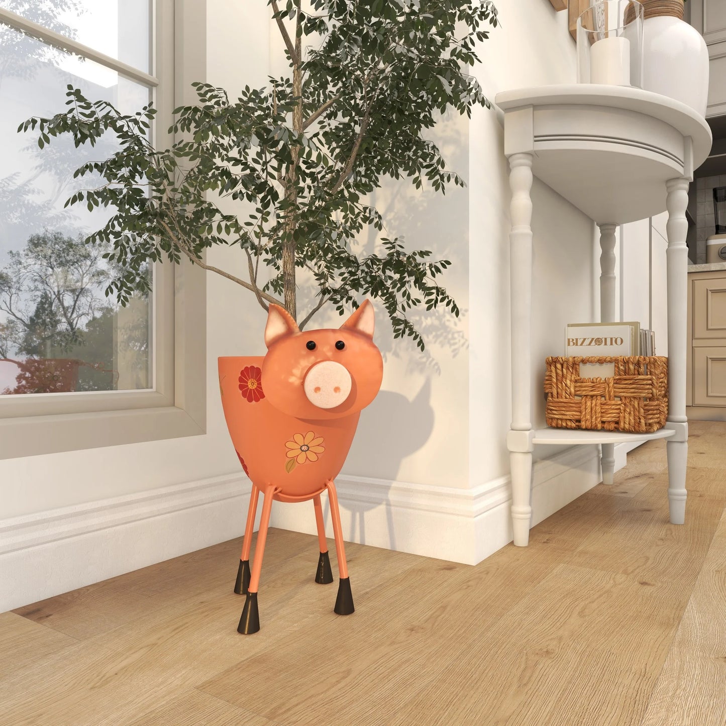 Pink Metal Pig Indoor Outdoor Planter with Floral Accents, 8" X 14" X 16"