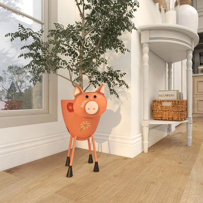 Pink Metal Pig Indoor Outdoor Planter with Floral Accents, 8" X 14" X 16"