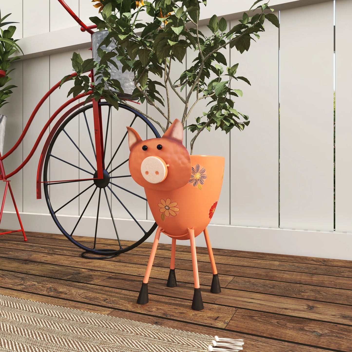 Pink Metal Pig Indoor Outdoor Planter with Floral Accents, 8" X 14" X 16"