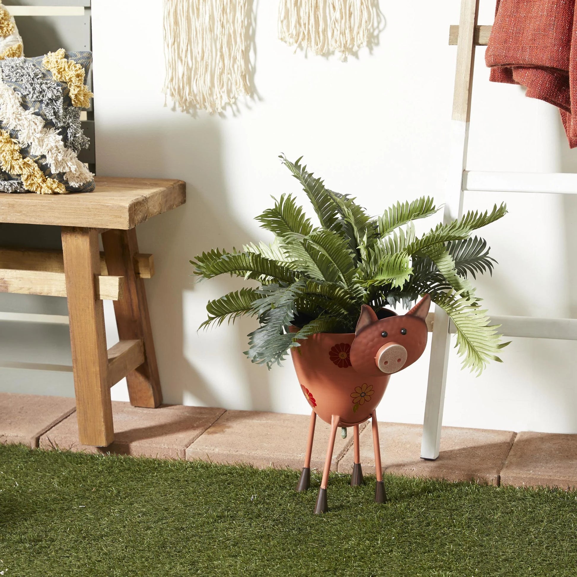 Pink Metal Pig Indoor Outdoor Planter with Floral Accents, 8" X 14" X 16"